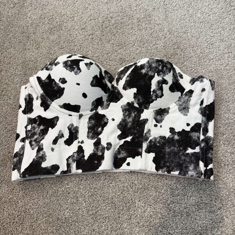 Blue Buttercup White Black Cow Print Bustier Crop Top Party Hook Closure M